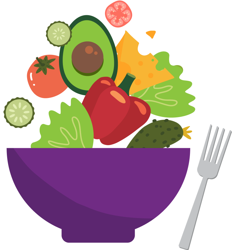 Illustration of a bowl filled with vegetables and a fork.
